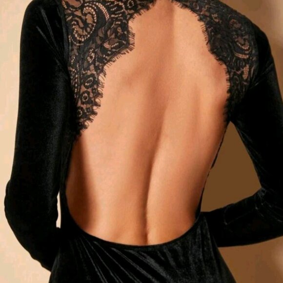BN Sexy Velvet w Lace Backless Long-Sleeve Dress 👗 - Picture 2 of 3